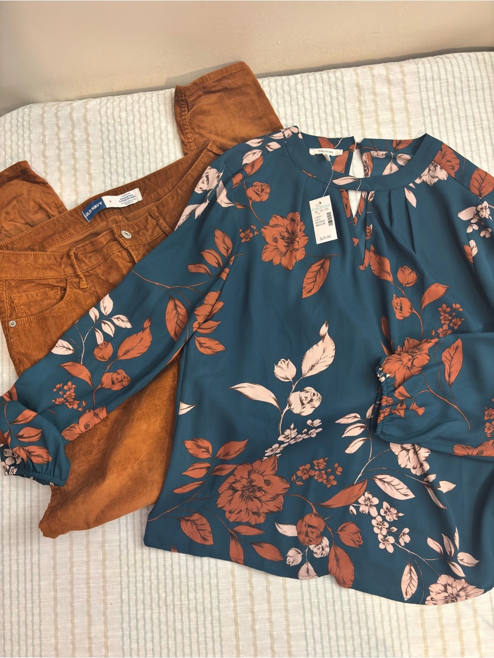 Maurices Teal Floral Blouse with Rust and Cream Accents